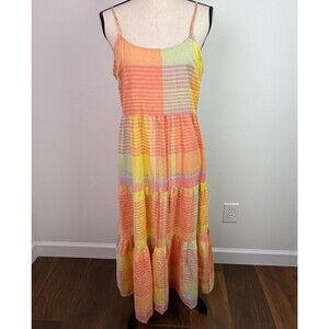 BeachLunchLounge Lana Tiered Plaid Dress Sundress Linen Cotton Sunset Medium NWT